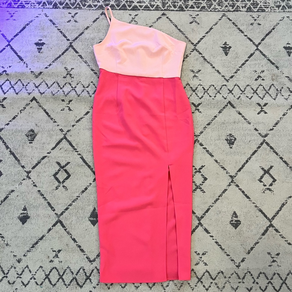 Pink Lily One shoulder pink color block semi formal dress. Size Small
